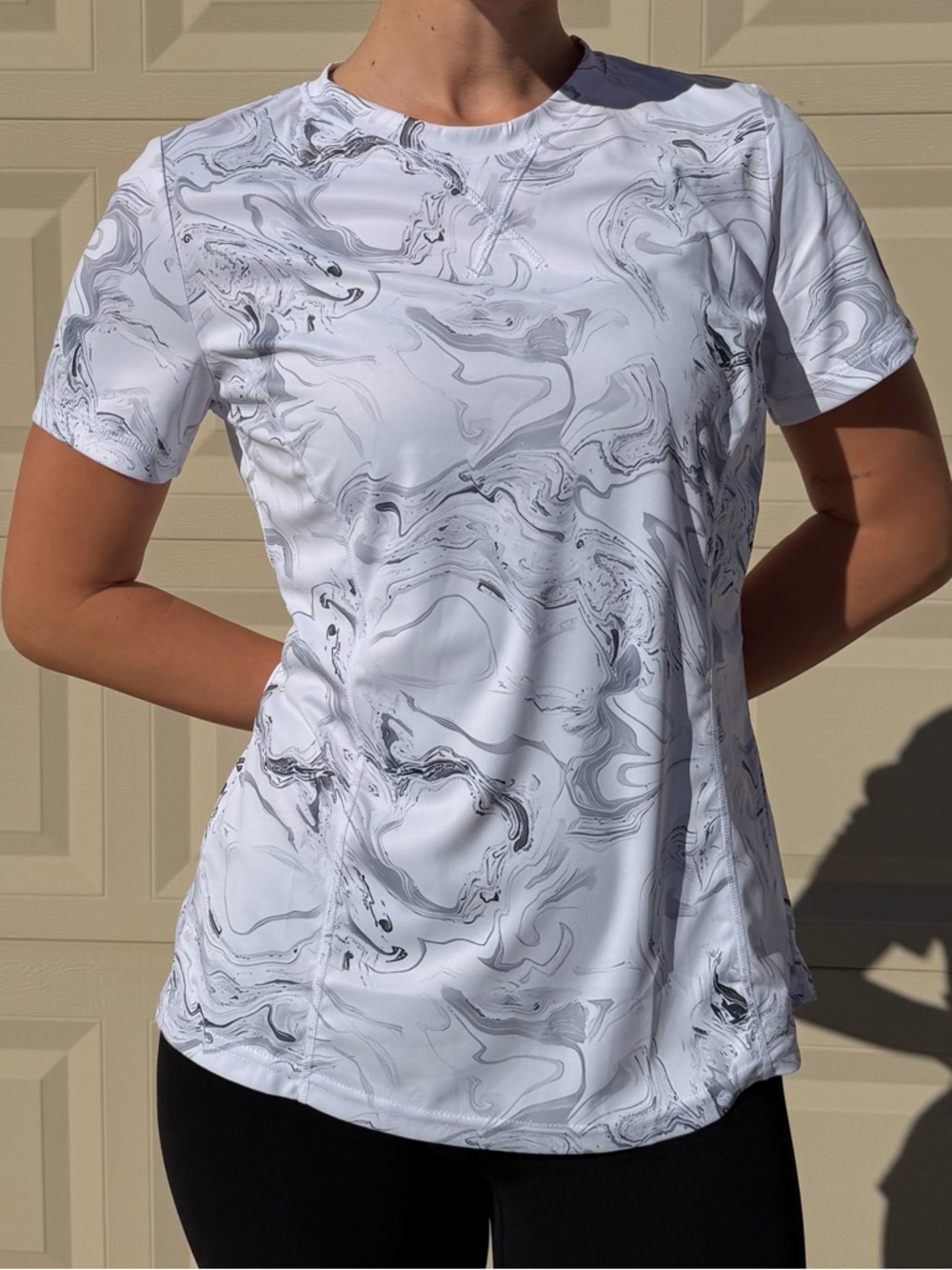 Women's White Marble-Print Short Sleeve Active Tee